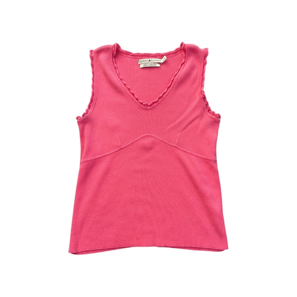 Tommy Hilfiger Pink Ribbed Lettuce Trim V Neck Sleeveless Tankโ Top XL